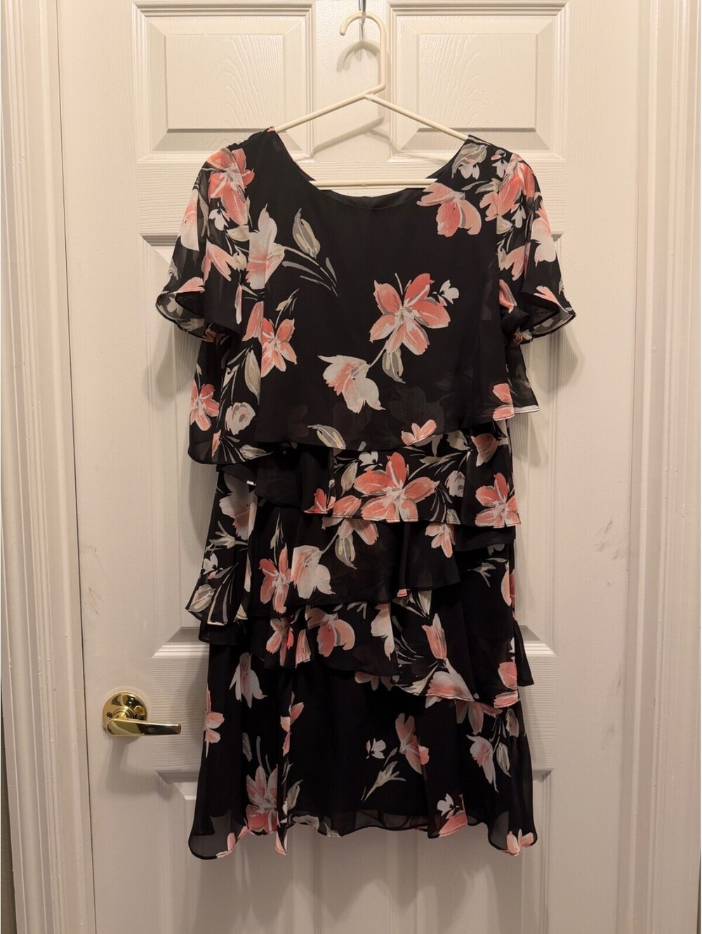 Jessica Howard Black Floral Tiered Chiffon Flutter Sleeve Dress 14